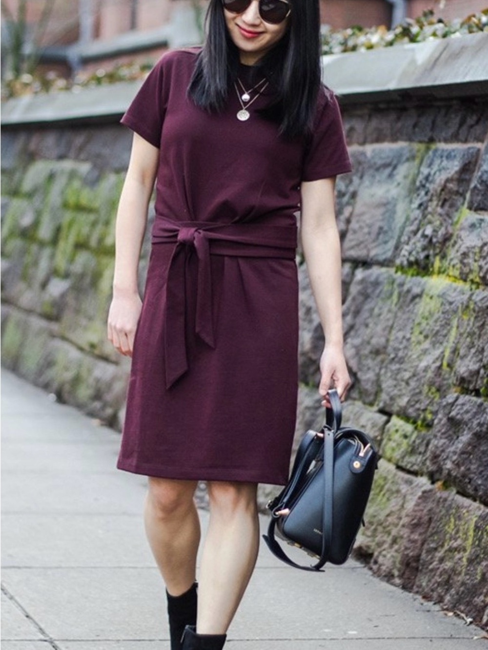 Vince Short Sleeve Tie-Waist Midi Dress in Burgundy